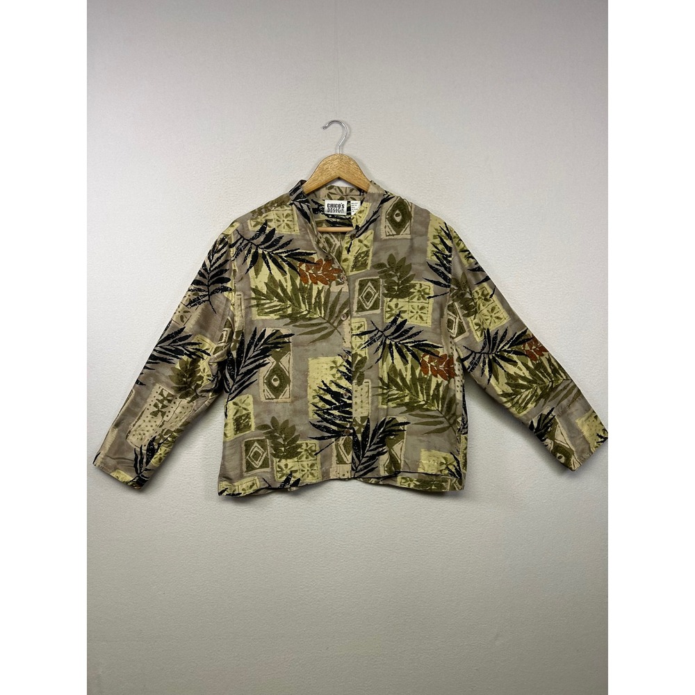 Coastal Chico's Design Women Sm Green 100% Silk Tropical Leaf Button Down Shirt